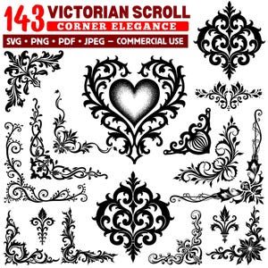 May include: A collection of 143 black Victorian scroll corner designs in SVG, PNG, PDF, and JPEG formats. The designs include ornate corner elements, floral motifs, and a heart-shaped design, all suitable for commercial use.
