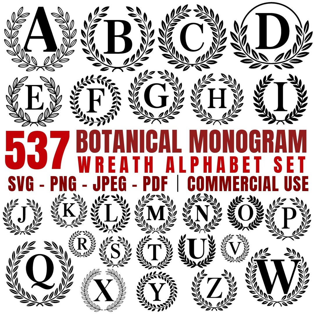 Botanical Monogram Alphabet Wreath: SVG, PNG, PDF Files (commercial Use ...