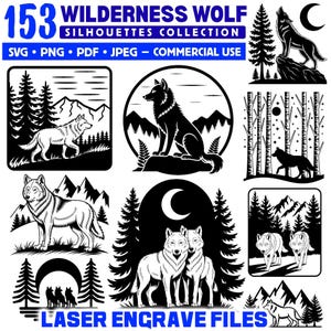 Wolf Silhouette Laser Engrave Files: Wilderness Coaster Designs (SVG, PNG, PDF) Commercial Use