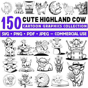 Cute Highland Cow Cartoon Graphics Collection Svg Png Pdf files bundle cricut cut files | instant download | Commercial use
