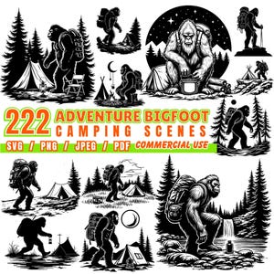 Bigfoot Camping SVG Bundle: Adventure Scenes, Cricut Cut Files (Commercial Use)