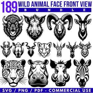 Può includere: Una raccolta di 189 illustrazioni in bianco e nero di facce di animali selvatici in un pacchetto. L'immagine include una varietà di animali come un bufalo, un cinghiale, un ariete, una capra, un rinoceronte, un ghepardo, un ippopotamo e una zebra. Il testo in basso recita "SVG / PNG / PDF - COMMERCIAL USE."
