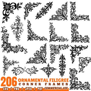 May include: A collection of 206 black ornamental filigree corner frames in various designs. The image includes floral and scrollwork patterns, suitable for digital design projects. Text at the bottom reads "206 ORNAMENTAL FILIGREE CORNER FRAMES SVG / PNG / JPEG / PDF COMMERCIAL USE."