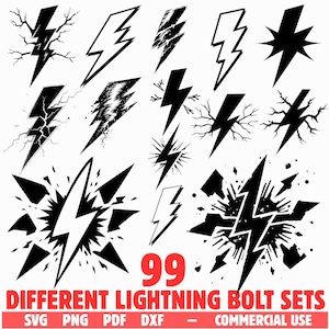 Op de afbeelding: Een verzameling van 99 verschillende zwarte bliksemontwerpen in verschillende stijlen, waaronder gebarsten, barstende en effen vormen. De tekst "99 DIFFERENT LIGHTNING BOLT SETS" wordt in het rood weergegeven, met bestandstype-opties.