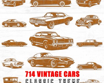 May include: A collection of brown vintage car illustrations in various styles. The image includes the text "SVG PNG DXF PDF" and "COMMERCIAL USE" at the top, and "714 VINTAGE CARS CLASSIC THEME LASER ENGRAVE" at the bottom.