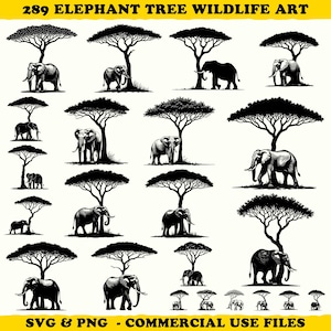 May include: A collection of black and white illustrations depicting elephants and trees. The image shows several elephants, each positioned under a tree with a distinctive canopy. The text at the top reads "289 ELEPHANT TREE WILDLIFE ART". The bottom text reads "SVG & PNG - COMMERCIAL USE FILES".
