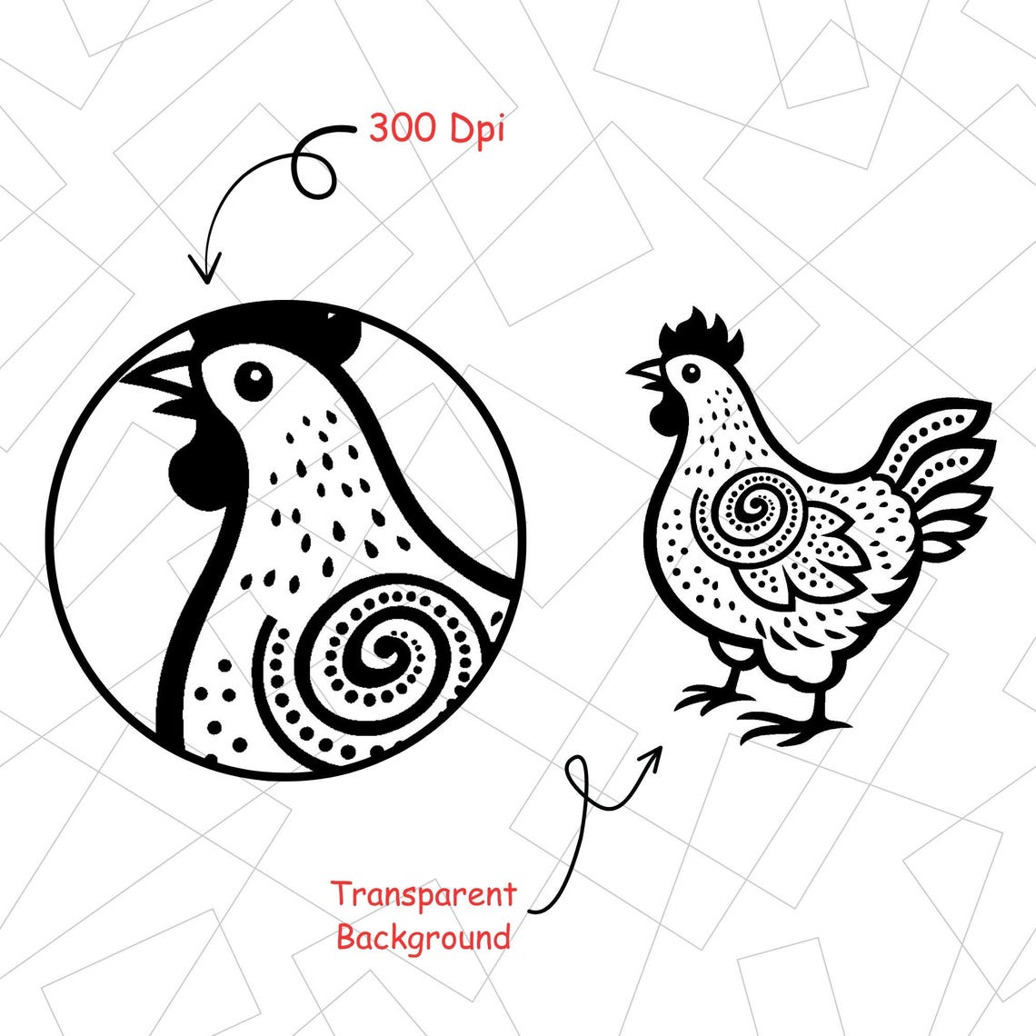 Folk Art Chicken Line Drawing Set: SVG, PNG, PDF Files (commercial Use