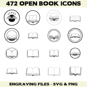 Op de afbeelding: Een verzameling van 472 open boek-iconen in zwart en wit. De iconen bevatten open boeken in verschillende stijlen, sommige in cirkels. De tekst "472 OPEN BOOK ICONS" staat bovenaan en "ENGRAVING FILES - SVG & PNG" onderaan.