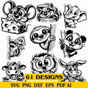 Puede incluir: Ilustraciones de dibujos animados en blanco y negro de varios animales, incluyendo un ratón con queso, un mapache en un cubo de basura y un elefante. La imagen incluye el texto "61 DISEÑOS" y opciones de tipo de archivo.
