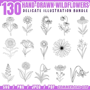 Zarte handgezeichnete Wildblumen Illustration Set SVG Png Pdf Dateien bündel Cricut geschnitten Dateien | Sofortdownload | Kommerzielle Nutzung