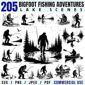 May include: Black and white illustrations of Bigfoot fishing in various lake scenes. The image includes the text "205 Bigfoot Fishing Adventures Lake Scenes" and file type options: SVG, PNG, JPEG, PDF, and "Commercial Use."