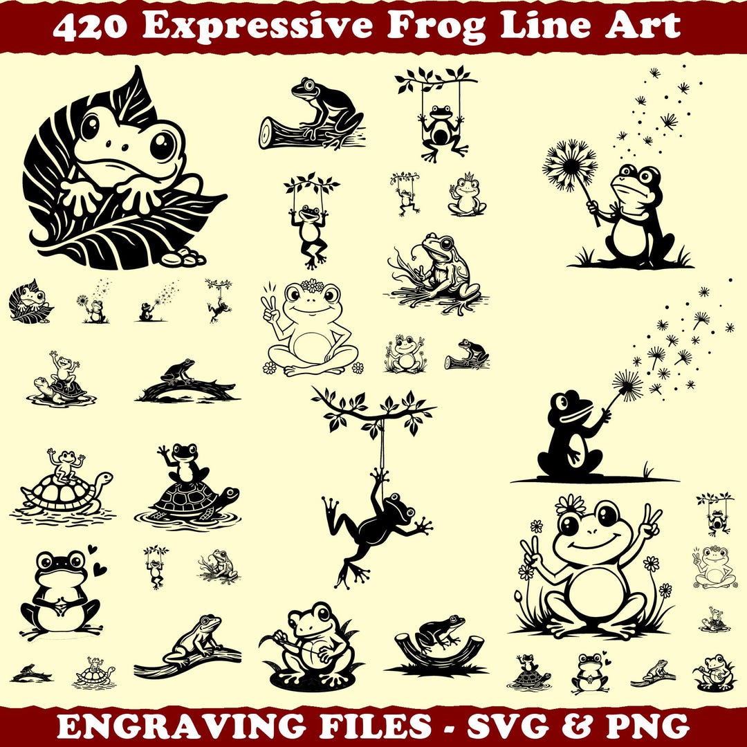表情豊かなカエルの線画セット：レーザー彫刻ファイル（SVG、PNG、PDF
