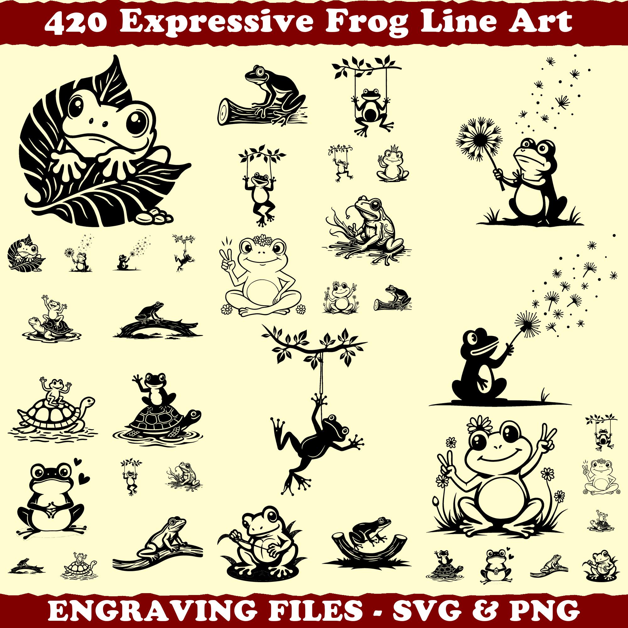 表情豊かなカエルの線画セット：レーザー彫刻ファイル（SVG、PNG、PDF