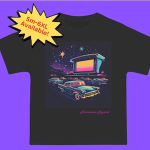 Midnight Drive-In Movie T-Shirt | 1950s Neon Sunset, Vintage Americana, Drive-In Theater, Neon Starburst Shirt, P51B1ClassicCar7