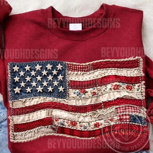 4th of July Png, Faux Yarn FOJ American Flag, Vintage Patchwork Textile Artwork, Rustic Patriotic, Faux Quilted, USA Sublimation