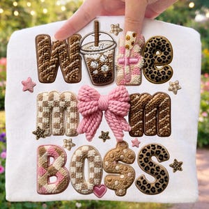 Wife Mom Boss PNG, Chenille Patch Bow Design, Faux Yarn Varsity Letters, Leopard Pattern Graphic, Trendy Mama Sublimation Shirt Print