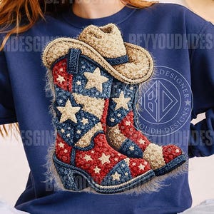 May include: Navy blue sweatshirt featuring a detailed design of cowboy boots and a hat. The boots are decorated with red, white, and blue stars and stripes. The hat is tan. The design is centered on the sweatshirt.