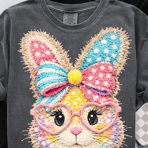 Bunny Embroidery PNG, Faux Yarn Applique Rabbit with Glasses, High Detail Easter Sublimation DTF Design