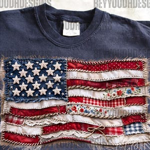 4th of July Png, Faux Yarn FOJ American Flag, Vintage, Patchwork Textile Artwork, Rustic Patriotic, Faux Quilted, USA Sublimation