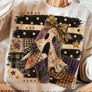 Halloween Ghost PNG, Patchwork Ghost Sublimation Design, Vintage Halloween Shirt PNG, Cute Spooky Ghost, Quilt Style Halloween