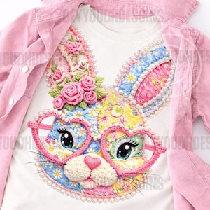Patchwork paashaas png, bloemen pastel konijn gezicht, hart bril schattig lente ontwerp, sublimatie shirt afdrukbare download