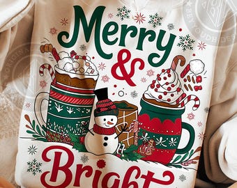 Merry and Bright Christmas PNG, Retro Coffee Design (Digital Download)