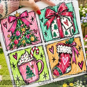 May include: A square graphic print featuring four festive panels: a decorated Christmas tree with a pink bow, a gift box with a red bow and tag, a pink mug of cocoa with a candy cane, and a red stocking, all accented with hearts and stars.