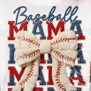 Baseball Mama PNG, Chenille Bow Graphic, Patriotic Varsity Lettering, Sports Mom Design, Faux Yarn Patch Style, Sublimation Shirt Print
