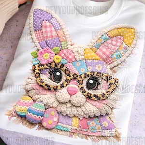 Bunny Embroidery PNG, Faux Yarn Applique Rabbit with Glasses, High Detail Easter Sublimation DTF Design