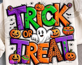 Retro Trick Or Treat PNG, Spooky Halloween Doodle (Digital Download)