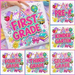 May include: A white t-shirt featuring a colorful school-themed graphic with the text FIRST GRADE in bold pink letters. The design includes a yellow school bus, a globe, a red apple, a pencil, stacked books, a pink bow, and a smiley face.