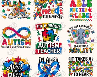Paquete de más de 40 PNG de moda para concienciar sobre el autismo, diseños de cintas de rompecabezas, nuevo 2026, pintado a mano, dibujado a mano, para profesores de autismo (descarga digital)