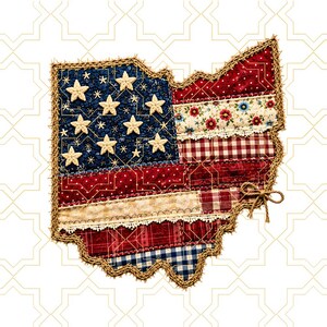 Ohio State Patchwork PNG, Patriotic WV State Sublimation Design, American Flag Quilt Style, 4th of July PNG Download