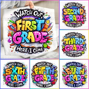 May include: A white pillow with a colorful graphic design. The design features the words "Watch Out, First Grade Here I Come" in large, bubble letters, surrounded by school-themed illustrations like books, pencils, and apples. The design is vibrant and eye-catching.