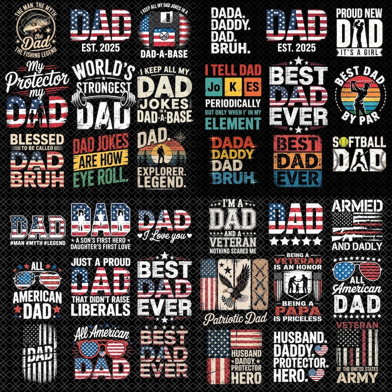 Paquete de más de 90 imágenes PNG para el Día del Padre, diseños para la vida de papá, frases divertidas para papá en formato PNG, diseño de camiseta patriótica para papá, descarga digital de regalo para papá, sublimación en EE. UU. imagen 1