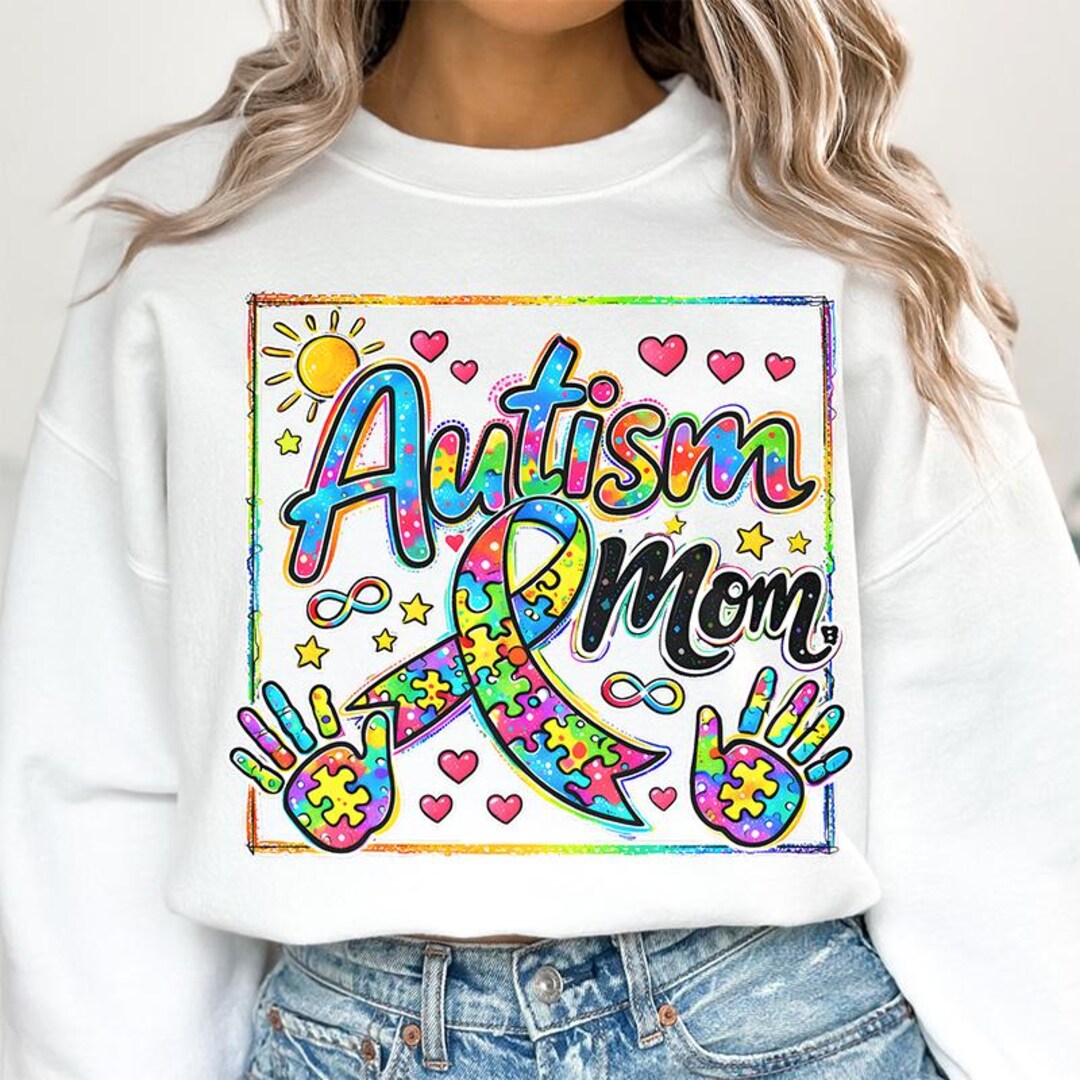 Autism Mom PNG Rainbow Puzzle Awareness Hand Drawn Sublimation Shirt ...