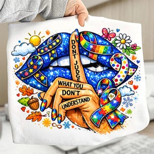 以下が含まれることがあります： 白いブランケットにカラフルなイラスト。 「DON'T JUDGE WHAT YOU DON'T UNDERSTAND」というテキスト、唇に指を当てた手、青い唇、自閉症啓発のリボンが特徴です。