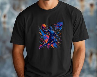 May include: Black t-shirt featuring a vibrant graphic of a basketball player mid-dunk. The design uses bold blues, oranges, and pinks to create a dynamic and energetic image. The basketball and hoop are also visible.
