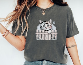 Kitt Cat Tee - Unisex Garment-Dyed T-shirt, Cat on a Fence T-Shirt, Nosey Cat Shirt, Cat Lover Gift, Animal Graphic Top