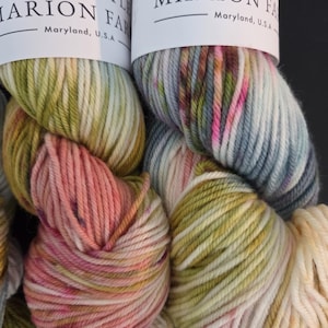 Bouquet - 4-ply 100% non-super wash DK weight fine merino yarn. 100g, 231 yards, coral pink, yellow grren,  blue, speckles. 20.5 micron.