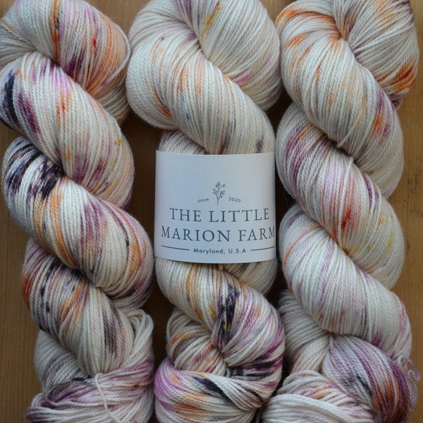 Sea Shells - alpaca merino blend, sport weight yarn, non-super wash, 100g 328 yds, orange pink white, brown speckles, super soft