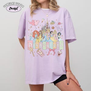 May include: A lilac Comfort Colors t-shirt with a Disneyland graphic. The design features Disney princesses, a castle, and the word "Disneyland" in pastel colours. Additional graphics include popcorn, a bow, and a drink.
