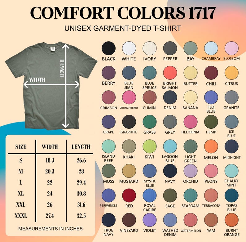 May include: An olive green unisex garment-dyed t-shirt with size and color options. The shirt's width is 18.3 inches and length is 26.6 inches for size small. Color options include black, white, and navy.