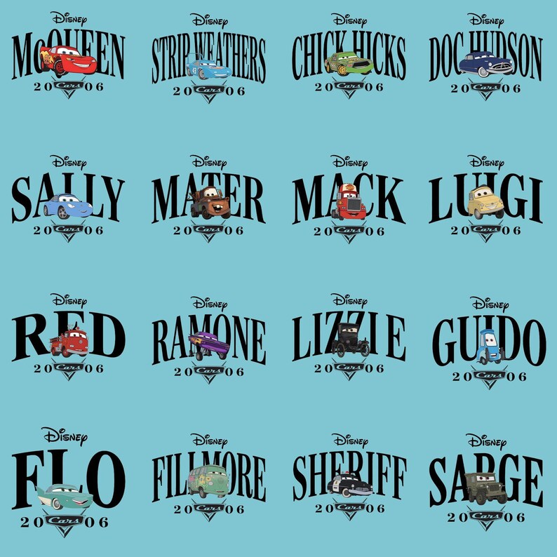 Op de afbeelding: Een lichtblauwe achtergrond toont personages uit de Disney Cars-film. De namen en afbeeldingen van personages zoals Bliksem McQueen, Sally en Takel zijn zichtbaar, samen met het Disney-logo en de tekst "20 Cars 06."