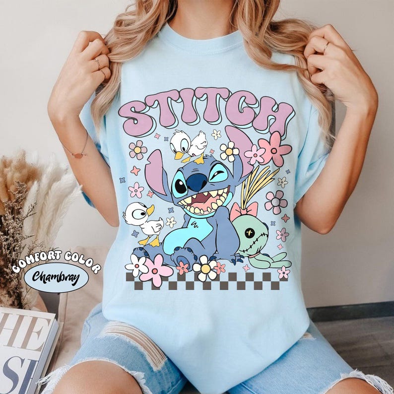 Retro Stitch Aloha Shirt, Comfort Colors Lilo and Stitch Tee, Ohana Tropical Surf Disney Gift, Vintage Disneyland Vacation Family Trip image 5