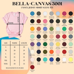 May include: A pink Bella+Canvas 3001 unisex jersey short sleeve tee shirt. The image shows a size chart with measurements in inches. Color options include aqua, army, black, and many more.