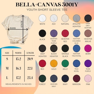 May include: A Bella+Canvas 3001Y youth short sleeve tee shirt in various colors. The image shows a size chart with measurements in inches. Available colors include white, black, red, and navy. The shirt's width is 15.2 inches for size S, 16.3 inches for M, and 17.2 inches for L.