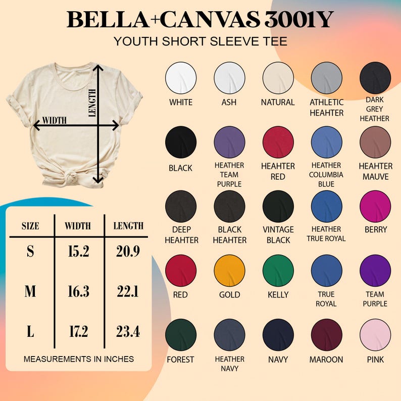 May include: A Bella+Canvas 3001Y youth short sleeve tee shirt in various colors. The image shows a size chart with measurements in inches. Available colors include white, black, red, and navy. The shirt's width is 15.2 inches for size S, 16.3 inches for M, and 17.2 inches for L.