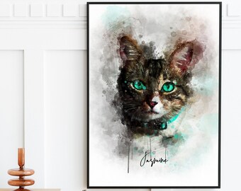 Personalised Pet Portrait Painting from Photo, Watercolour Pet Drawing, Cat Lover Gift,Custom Cat Pet Memorial Gift, Gift for Mum/Dad/Friend