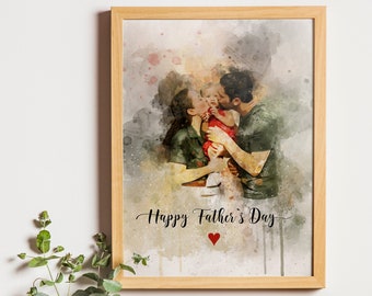 Watercolour Family Portrait from Photo gift for fathers day, gift for father from son kids, gift for fathers day for grandpa, unique fast